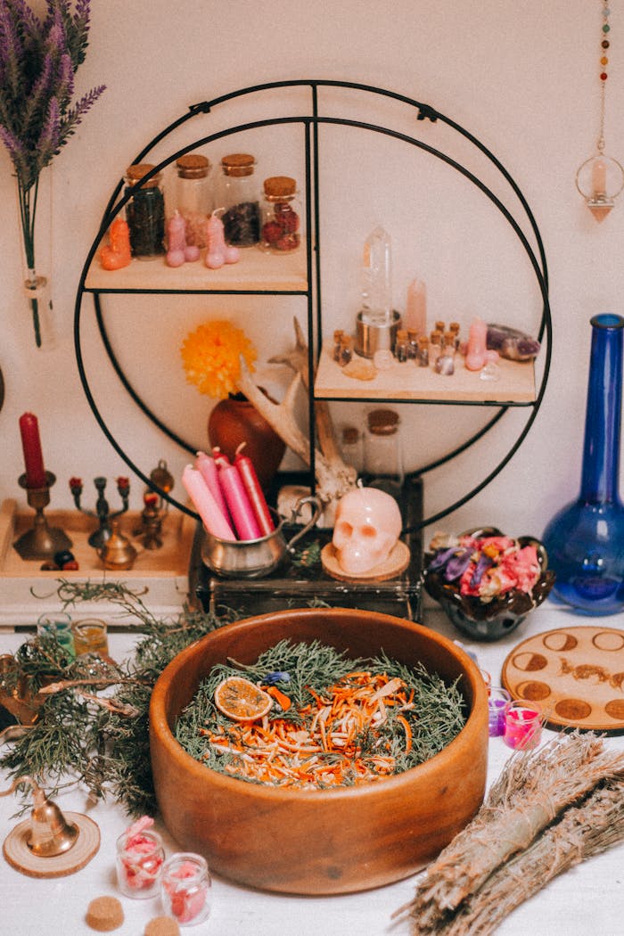 A cozy spiritual altar featuring herbs, candles, and spiritual tools for a serene and mystical ambiance.
